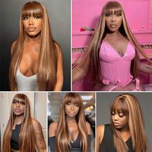 Highlight Straight Human Hair Wig With Bangs 250% Density #4/27 Piano Color Brown And Honey Blonde Highlight Straight Bangs Wig Put On Go Wigs 8-34 Inch Long Straight None Lace Human Wig With Bangs Soft And Silky - Rooted & Ombre - View 6