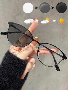 1 件户外变色金属框架眼镜，Y2K 小椭圆形框架装饰眼镜，时尚百搭，适合女性，含眼镜盒