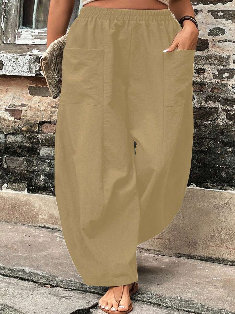Plus Size Women's Relaxed Fit Elastic Waist Casual Wide Leg Pants, Versatile For Vacation And Daily Wear In Spring & Summer - Apricot - View 1