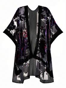 Mother's Day Gift Velvet Kimono Cardigan For Women With Burnout Print, Long Velvet Kimono Swimsuit Cover Up, Black Color With Purple Flower, 1 Size Fits All - Màu đen với hoa màu tím - Xem 1
