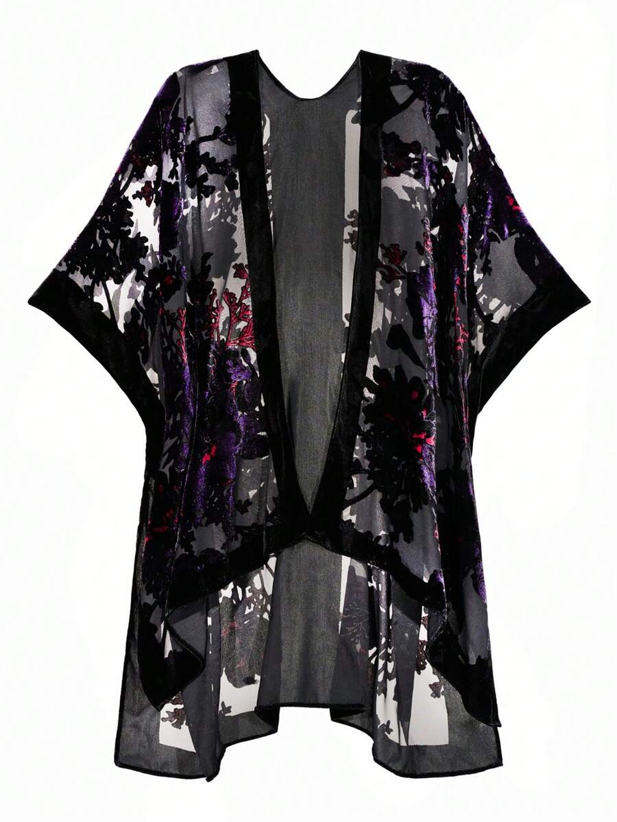 Mother's Day Gift Velvet Kimono Cardigan For Women With Burnout Print, Long Velvet Kimono Swimsuit Cover Up, Black Color With Purple Flower, 1 Size Fits All - Màu đen với hoa màu tím - Xem 1
