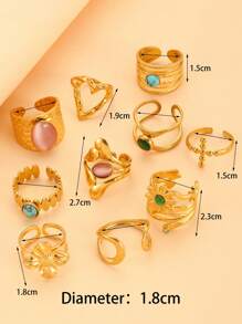 1 pieza Anillo de acero inoxidable con flor dorada y forma de corazón con gema falsa, apto para uso diario para mujeres
