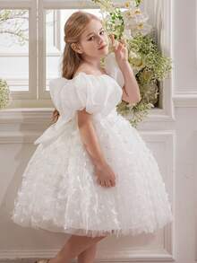 Young Girl Elegant Puff Sleeve Dress, Multi-Color Bow Tulle Princess Dress, Suitable For Girls' Birthday Party, Wedding, Bridesmaid, Holiday Occasions - White - View 8