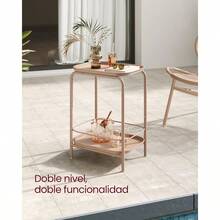 Mesa auxiliar de 2 niveles de metal mesita de noche y centro pequeña con bandeja color marrón camello MLET243K01 ideal para recámara sala oficina y decoración funcional - Marrón Camello - Ver 4