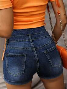 女士高腰优雅纽扣前牛仔短裤 - 深藍色 - 查看 2