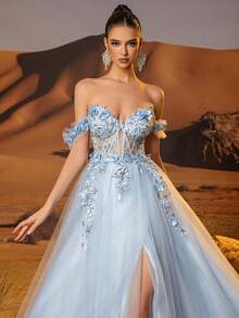 3D Flower Tulle Prom Dresses Long Off Shoulder Corset Sparkly Sequin Lace Embroidery Formal Party Gown For Women High Split A Line Homecoming Dresses For Teen - Blue - View 9