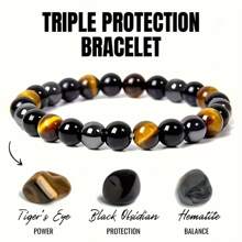 1pc Vintage Boho Style Triple Protection Bracelet, Natural Hematite & Tiger Eye Stone Beads, Wristband For Daily & Gift Occasions, Ideal Father's Day & Valentine's Present, Gift Bracelet | Bohemian Accessory | Natural Stone Beads