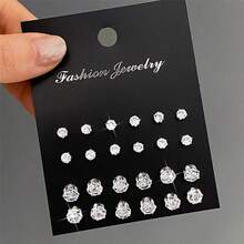 24pcs Elegant Faux Rhinestone Stud Earrings Set, Suitable For Daily Wearing - Silver - View 1