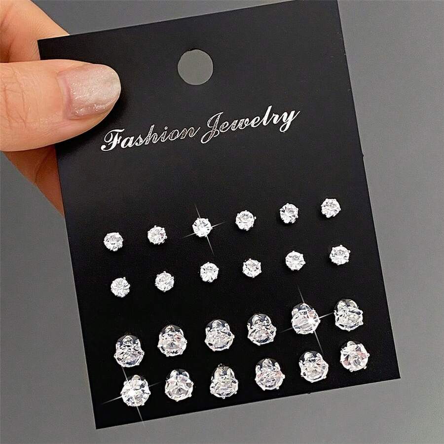 24pcs Elegant Faux Rhinestone Stud Earrings Set, Suitable For Daily Wearing - Silver - View 1