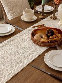 1 st rustik broderad bordslöpare med tofsar, dubbelt lager - perfekt för matdekor, höstdekor, rumsdekor