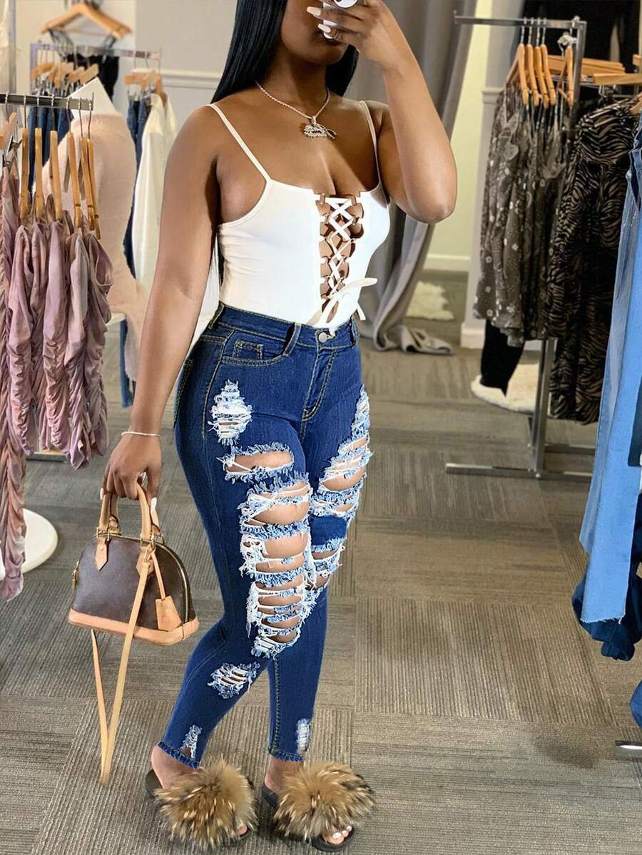 Plus Size Summer Ripped Frayed Skinny Denim Jeans Casual Spring