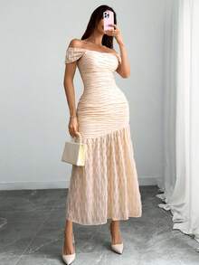Vestido elegante y sexy de mujer con doble capa asimétrica y ondulada brillante que se puede usar como un hombro - Albaricoque - Ver 5