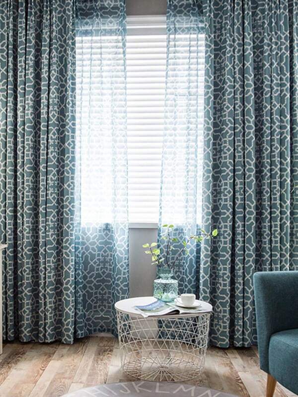 1pc Perforated Geometric Pattern Print Curtain, Blackout Curtain Fabric For Bedroom Or Balcony