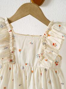 1件女婴全印花无袖休闲宽松连衣裙，百搭夏季穿搭套装，适合小女婴