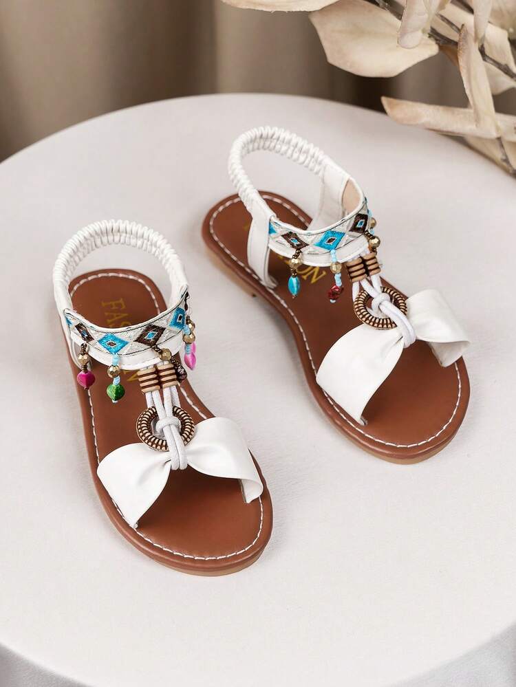1 Pair Fashionable Children's Bohemian Style Hook And Loop Sandals, Comfortable Durable Beach Design Sandals With Random Beads Color - Beige - View 2
