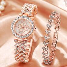 2pcs Women Stainless Steel Mesh Band Rose Gold Roman Numerals Faux Eye And Heart Shaped Inlaid Bracelet Set, Gift For Her - Rose Gold - View 1