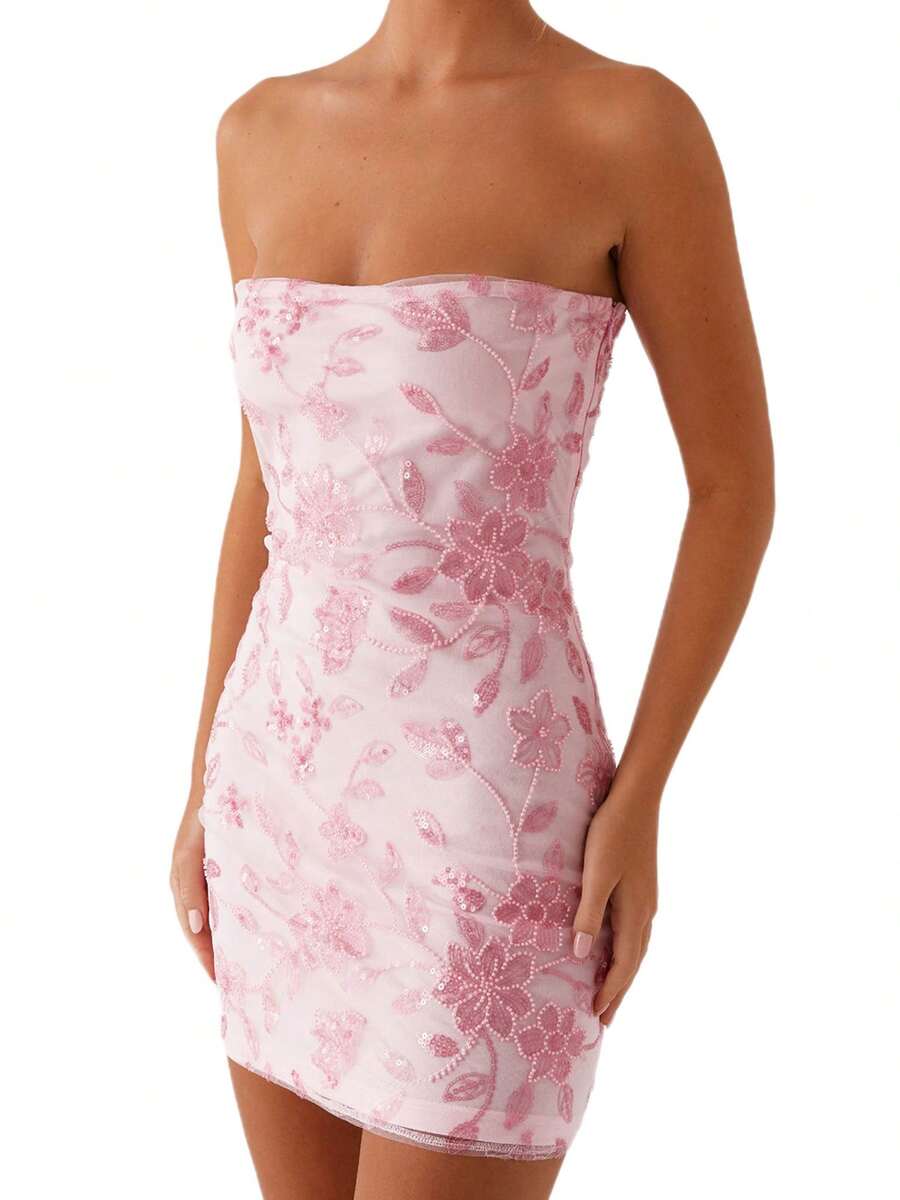 Sequin Beaded Floral Dress Sexy Women Strapless Tube Dress Y2K Off The Shoulder Mini Dress Sparkly Glitter Bodycon Short Dress Bandeau Dress Party Clubwear - 粉色 - 查看 1