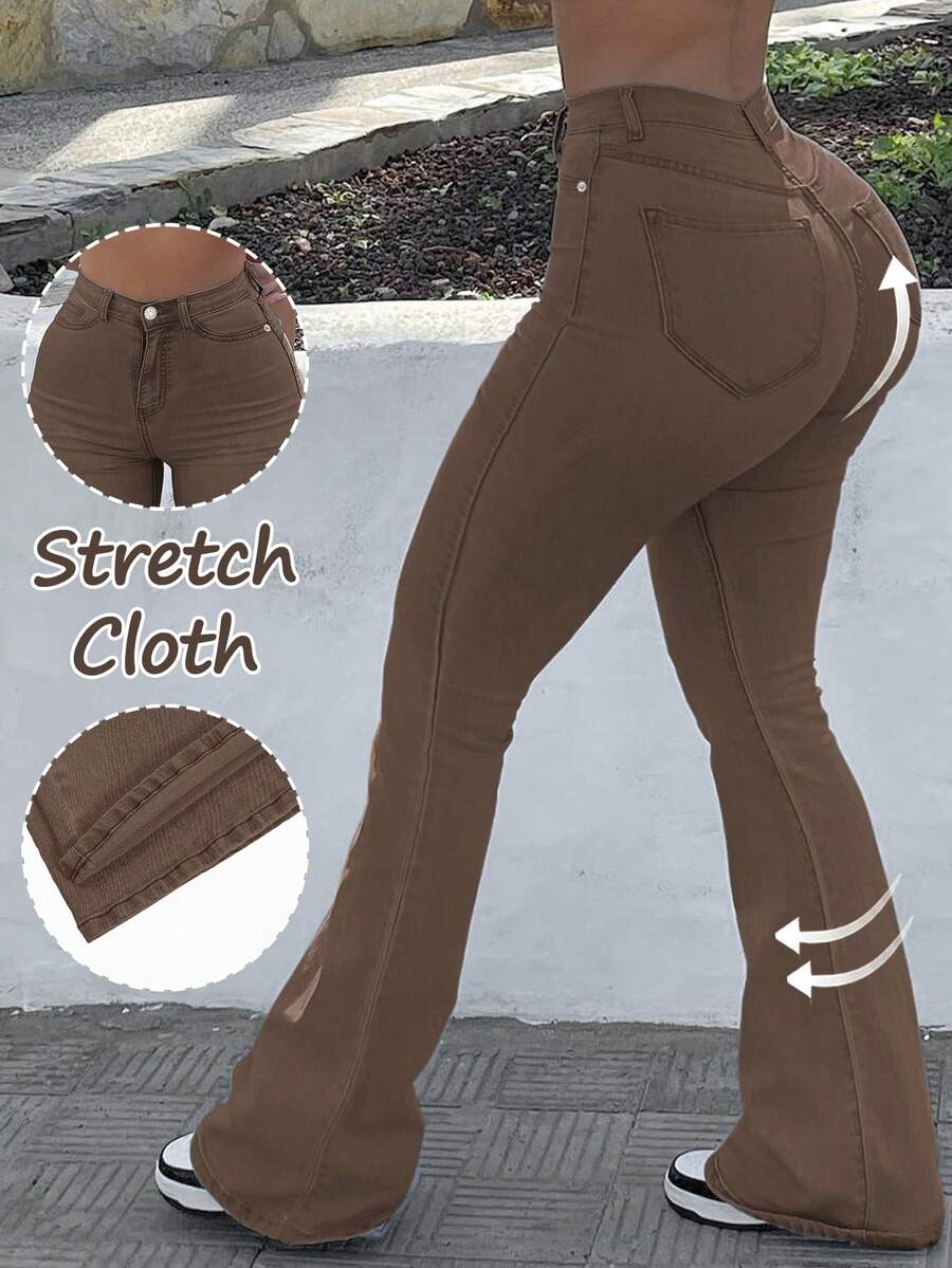 Bootcut Women Jeans Solid Color High Slim Fit Waist Stretch Casual Versatile - màu nâu - Xem 1