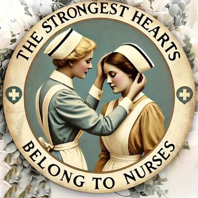 1pc 8" Iron 2D Round "The Strongest Hearts Belong To Nurses" Vintage Sign - Random Hole Styles, Suitable For Decoration In Home, Cafes, Hotels, And Medical Facilities