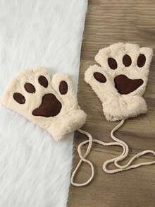 1 Pair Cute Cat Paw Fingerless Gloves, Plush Half-Finger Gloves, Warm & Cold-Resistant, Suitable For Girls Daily Use In Winter (With Rope) - Multicolor - View 17