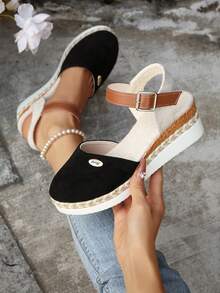 Women's Plus Size Closed Toe Chunky Platform Back Strap Black Sandals, New Summer Splice Color Elastic Band Rope Bottom Roman Style Sandals - Black - View 5