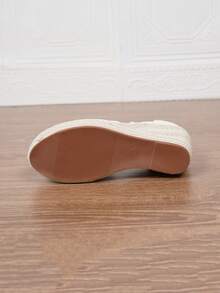 纯色女式简约踝带帆布鞋，度假白色编织面料绳底女式黑色坡跟厚底凉鞋，波西米亚面料扣沙滩户外婚礼编织鞋，适合所有季节 - 白色 - 查看 5