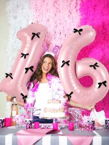 7 件 40 英寸粉色数字气球套装，黑色蝴蝶结 0-9 数字形状气球适用于生日派对、周年纪念装饰 - 彩色 - 查看 2