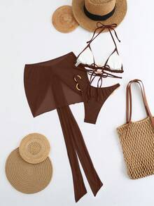 三件套女士情人节芙蓉红泳装，适合夏季从泳池边到海滩的各种场合，包括基本款优雅比基尼、花卉装饰罩衫、沙滩裙、复活节、假日服装、外出上衣、约会之夜服装、所有女士服装、秋季度假服装。 - 咖啡棕 - 查看 3