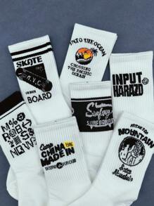 5 pares de calcetines medianos aleatorios con diseño de letras y números, calcetines blancos casuales y elegantes para hombres y mujeres