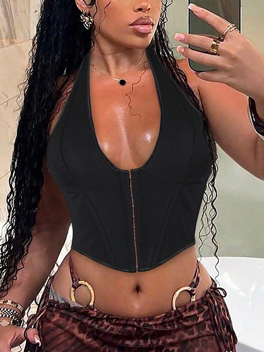 Apperloth A Rave Sexy Deep V-Neck Corset Halter Tops Boned Overbuset Grommet Eyelet Front Lace Up Back Shapewear Party Crop Vest Top - màu đen - Xem 1