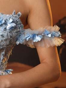 3D Flower Tulle Prom Dresses Long Off Shoulder Corset Sparkly Sequin Lace Embroidery Formal Party Gown For Women High Split A Line Homecoming Dresses For Teen - Blue - View 7