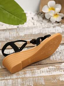 Damessandalen met sleehak, nieuw, handgemaakte sandalen met kralen, open teen en middelhoge hak, zwart - Zwart - Bekijken 6