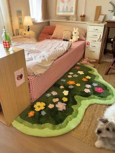 Faux Wool Moss Green Floral Carpet, Soft Plush Area Rug For Girl's Bedroom, Nordic Style Living Room Carpet, Asymmetrical Shaped Anti-Slip Floor Mat