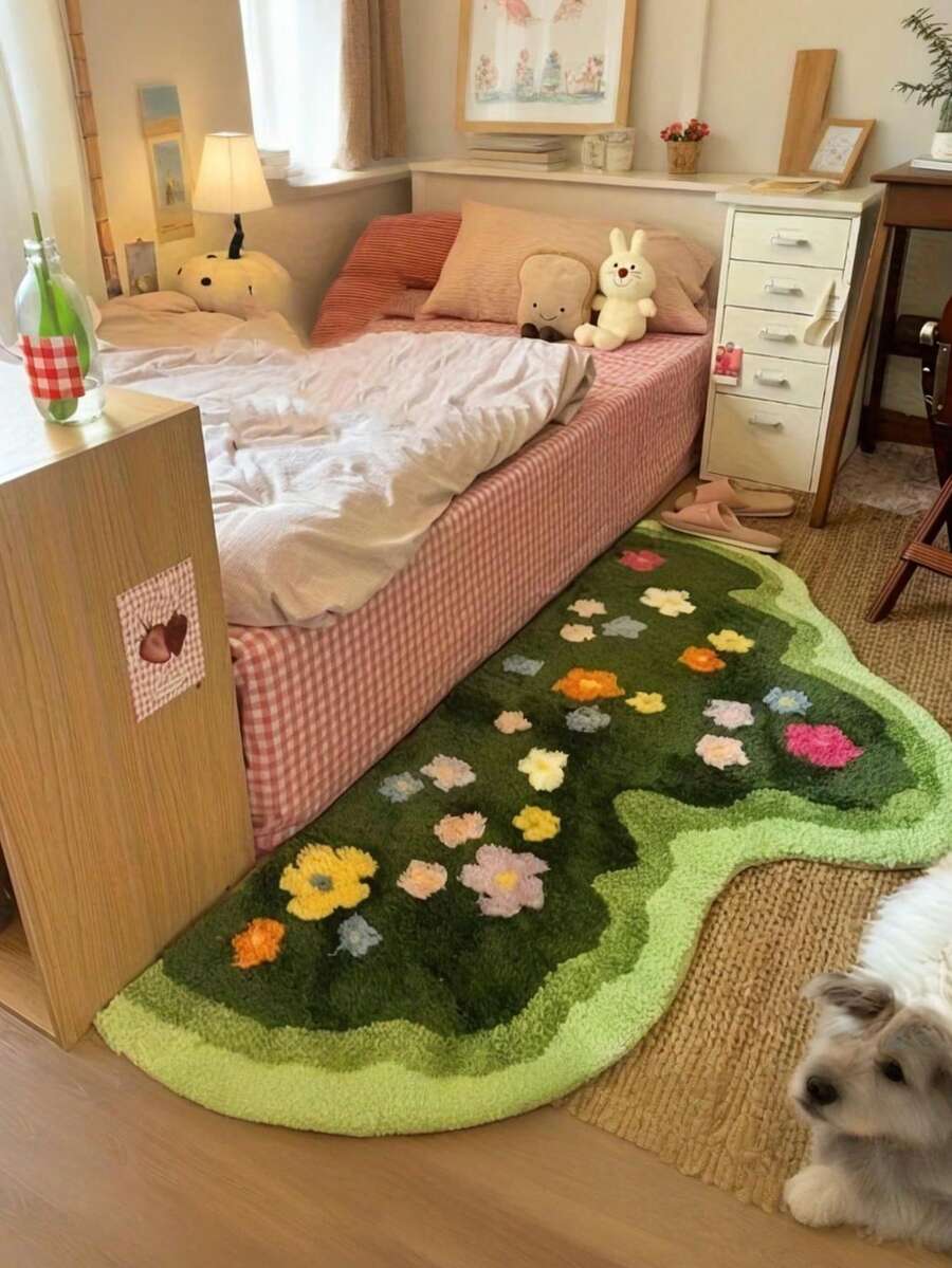 Faux Wool Moss Green Floral Carpet, Soft Plush Area Rug For Girl's Bedroom, Nordic Style Living Room Carpet, Asymmetrical Shaped Anti-Slip Floor Mat - 彩色 - 查看 1