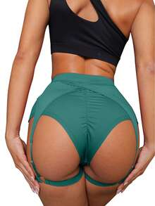 Fisoew Women's Booty Yoga Shorts With Garters High Waisted Biker Hot Pants Gym Cheeky Garter Running Shorts