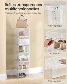 SONGMICS Boîtes à Chaussures, Lot de 6, avec Porte, Rangement de Chaussure en Plastique, Empilable, Montage Facile, 34 x 25 x 18,4 cm, Jusqu'à la Pointure 44, Blanc Transparent - Transparent - Voir 6
