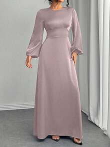 Women Solid Color Round Neck Elegant Lantern Sleeve Slim Waist Long Dress - Pink - View 3