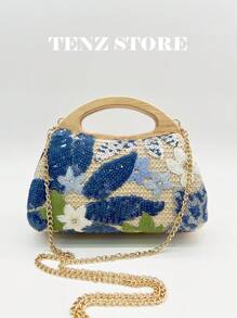 1pc Random Pattern Design Wicker Bag, Sculptedstyle Colorful PVC Sequin Floral Pattern Mesh Embroidery Wooden Handle Women's Clutch Bag, Fashion Sparkly Vacay Vibes Summer Bag For Leisure, Holiday Party/ Vacation, Fits All Vanilla Style, Suitable For Beach Mode On, Vacay Romance, Summer Vibes