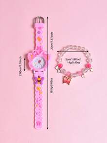 2pcs/Set Creative Rotating Butterfly Dial Watch, Fashion Quartz Wrist Watch & Bracelet For Girls - Pink - View 4