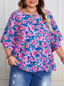 Woven Round Neck Plus Size Batwing Half Sleeve Floral All-Over Print Blouse, Casual Spring/Summer Vacation Wear For Plus Size Women