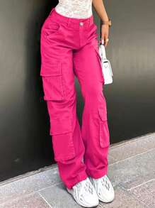 Women's Casual Versatile Solid Color Cargo Jeans