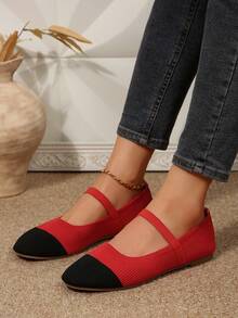 2025 Autumn Women Casual Soft Sole Square Toe Elastic Band Patchwork Flat Shoes, Suitable For Indoor And Outdoor Wear - Black and Red - View 2