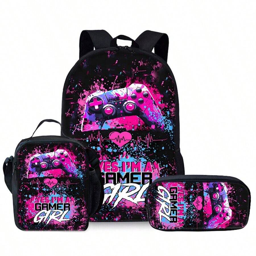 Game Controller Print Backpack Three Pieces Set (Single-Layer Backpack + Shoulder Strap Lunch Bag + Single-Layer Pencil Case) - Black - View 1