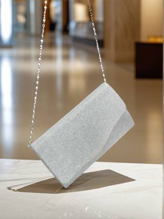 银色女士晚宴手拿包，信封式设计，派对/婚礼手提包，配链条肩带，天鹅绒时尚钱包