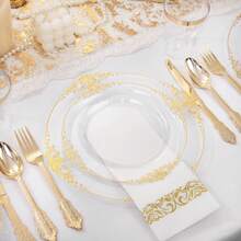200pcs Transparent Gold Palace Style Plastic Gold Tableware Set, Suitable For 25 Guests, Including 25 Dinner Plates, 25 Dim Sum Plates, 75 Knives, Forks, Spoons, 25 Cups, 25 Napkins And 25 Straws. Very Suitable For Weddings And Parties - Vàng trong suốt - Xem 6