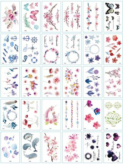 （30张/套）彩色花卉临时纹身贴纸，包含花朵、蝴蝶、鲸鱼、星星、独角兽等多种元素，防水持久，个性化性感纹身贴纸，适合女性手臂、脚踝等身体小部位。