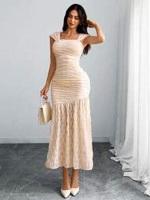 Vestido elegante y sexy de mujer con doble capa asimétrica y ondulada brillante que se puede usar como un hombro - Albaricoque - Ver 1