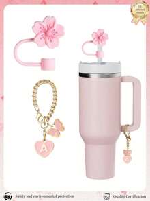 2pcs/Set Cup Accessories - Pink Letter Cup Markers & Silicone Hibiscus Flower Straw Lids, Reusable 10mm Diameter Straws With Cute Letter/Butterfly Decorations For Modern Minimalist Glass Cups, Back To School Supplies