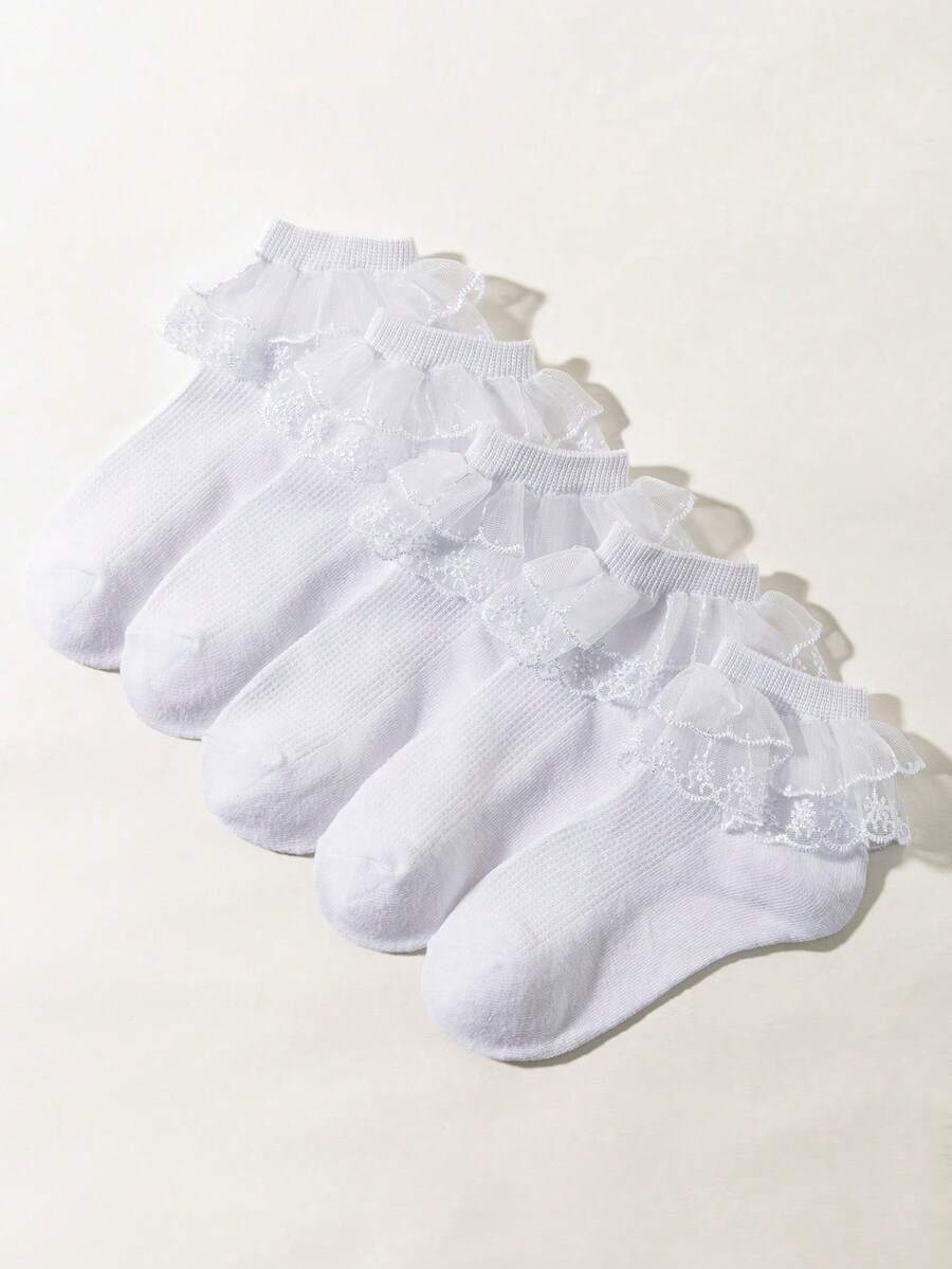 5 Pairs Baby/Girls Socks, Solid Color Simple Kawaii Lace Ruffle Trim Socks, Princess Style, Soft & Comfortable Short Socks, Suitable For Holidays, Back To School, Travel, Daily Matching With Princess Dress