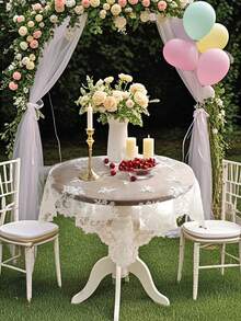 1pc Flower Embroidery Table Runner, White Lace Table Mat, For Home Decor - Beige - View 10